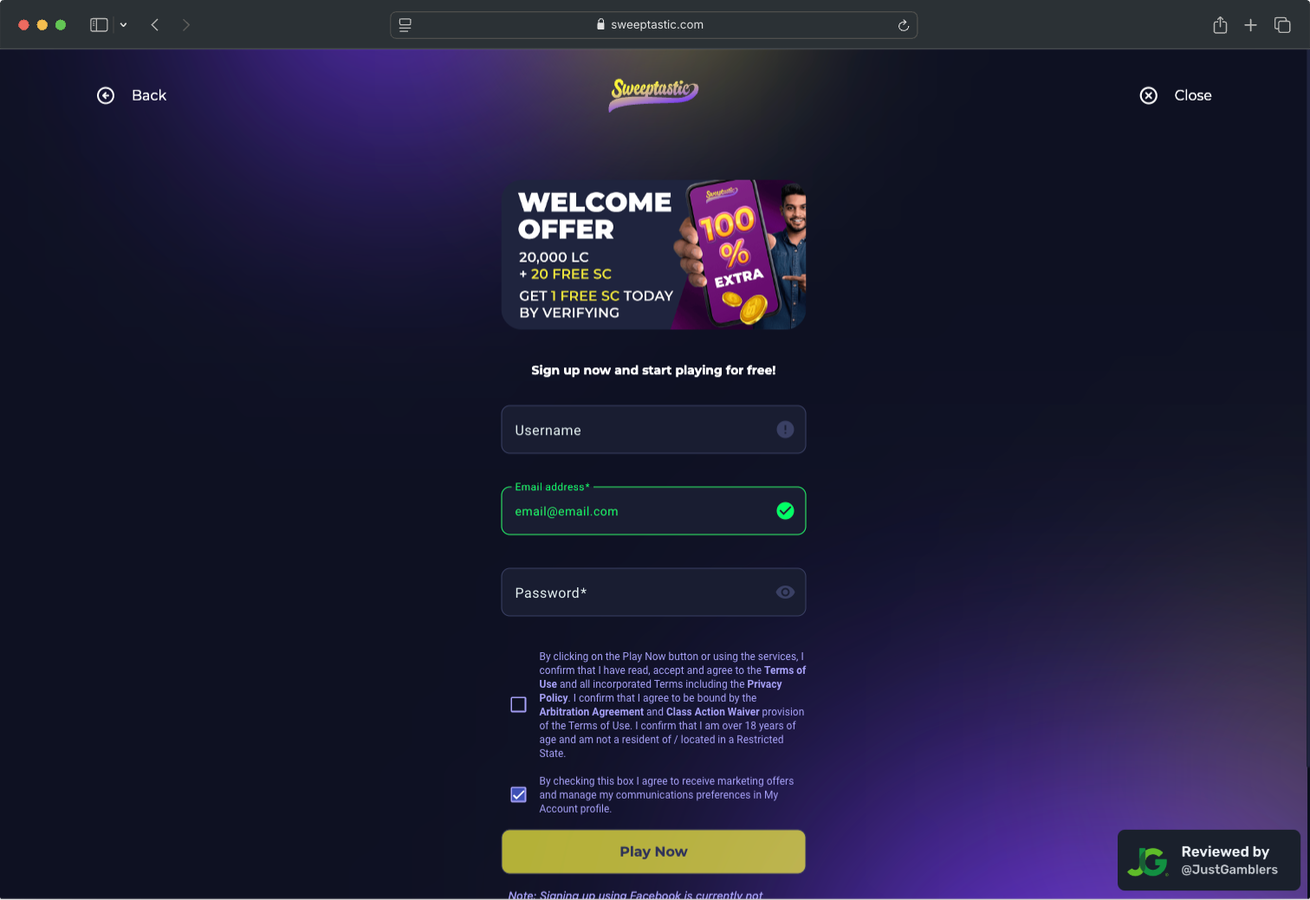 Desktop Screenshot of Sweeptastic Registration Page
