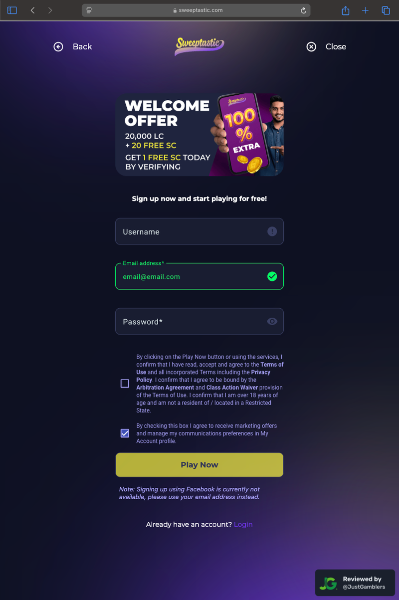 Tablet Screenshot of Sweeptastic Registration Page