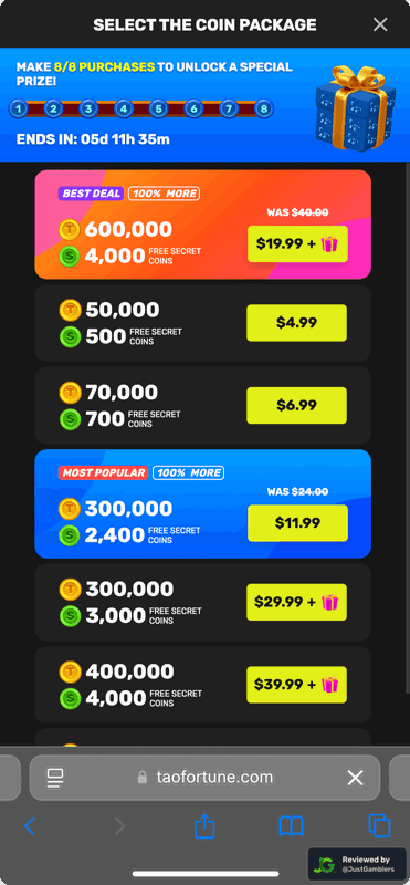 Mobile screenshot of the coin purchase process at TaoFortune.