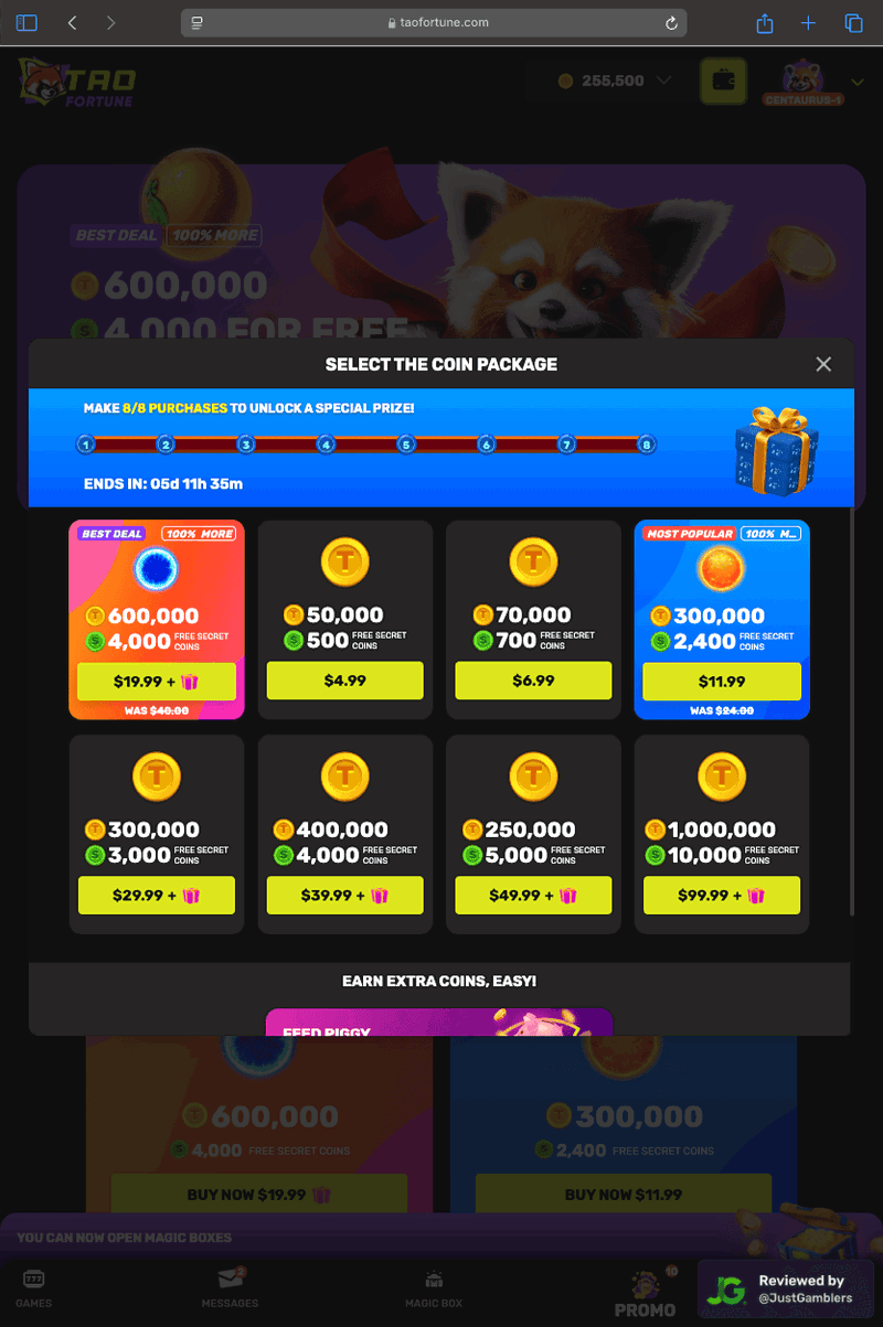 Tablet screenshot of the coin purchase process at TaoFortune.