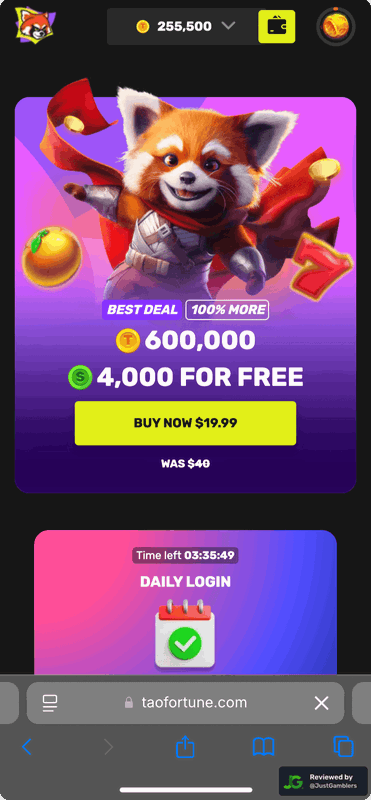 Mobile screenshot of the promo page at TaoFortune.