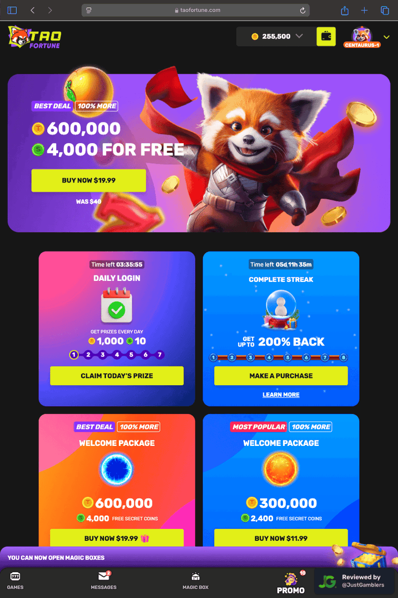 Tablet screenshot of the promo page at TaoFortune.