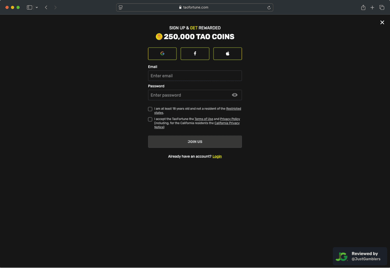 Desktop screenshot of the registration page at TaoFortune.
