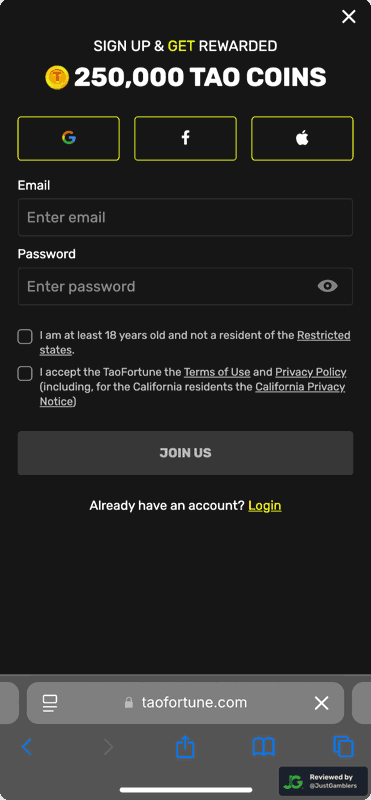 Mobile screenshot of the registration page at TaoFortune.