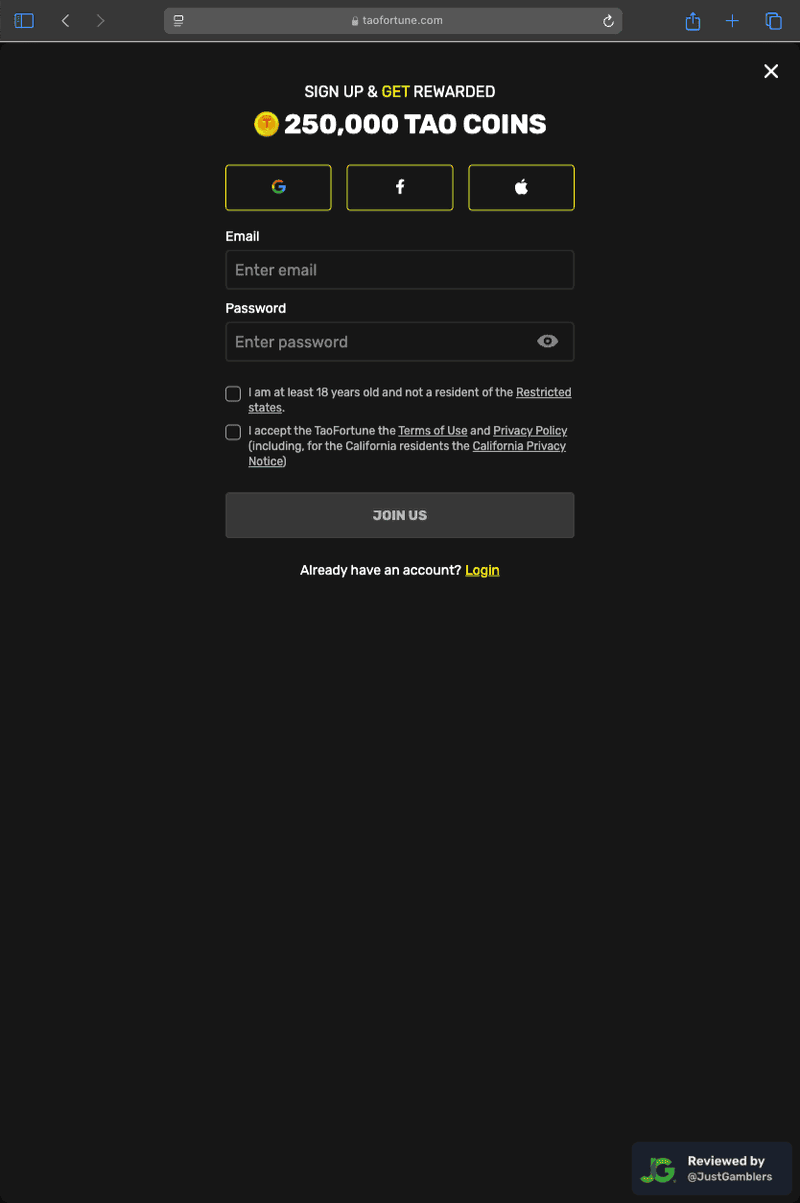 Tablet screenshot of the registration page at TaoFortune.