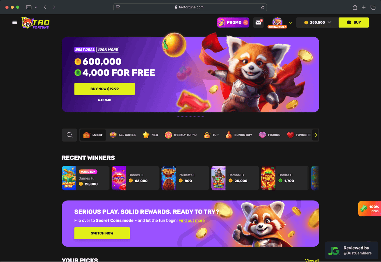 Desktop screenshot of the starting page at TaoFortune.