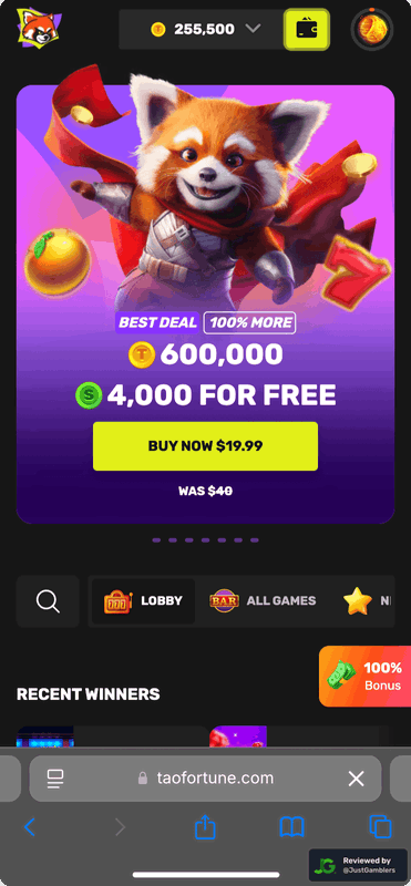 Mobile screenshot of the starting page at TaoFortune.