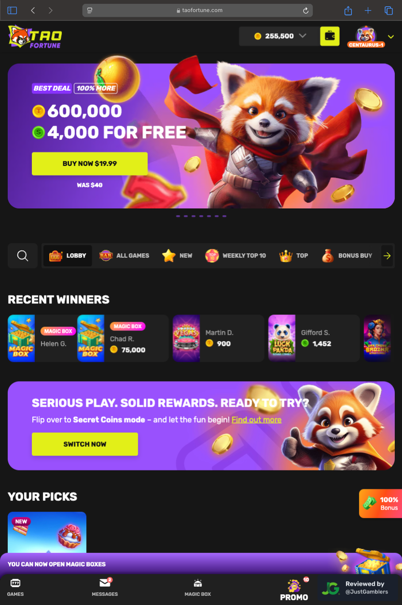 Tablet screenshot of the starting page at TaoFortune.