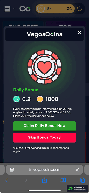 Mobile screenshot of the coin purchase process at Vegas Coins.