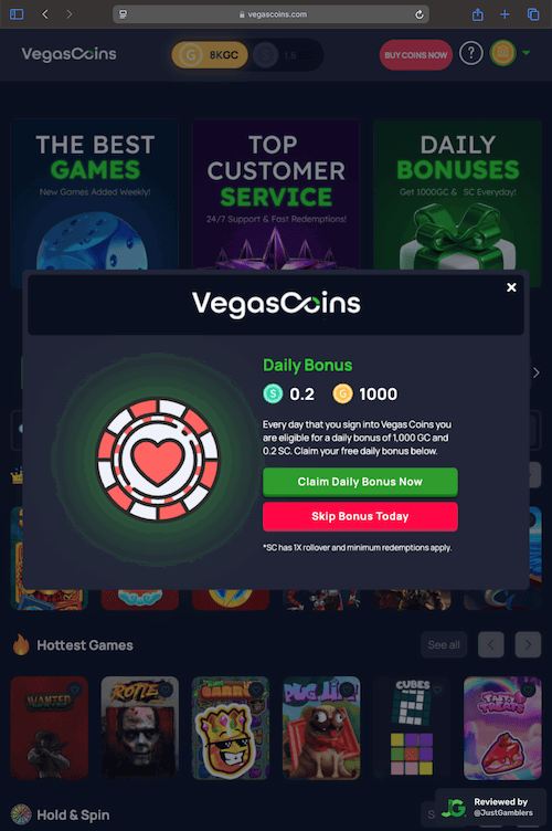 Tablet screenshot of the coin purchase process at Vegas Coins.