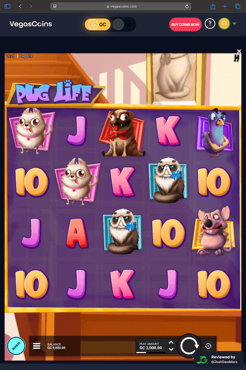 Tablet screenshot of the game page at Vegas Coins.