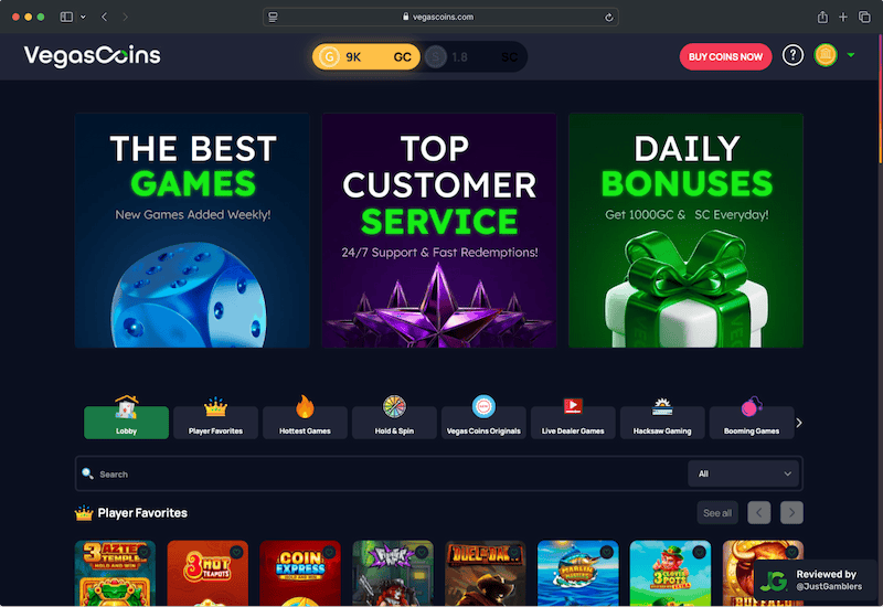 Desktop screenshot of the starting page at Vegas Coins.