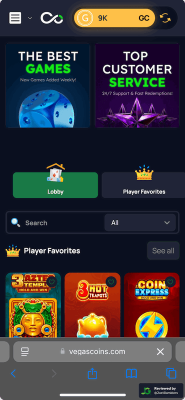 Mobile screenshot of the starting page at Vegas Coins.
