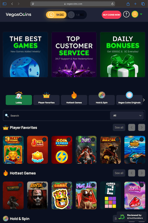 Tablet screenshot of the starting page at Vegas Coins.