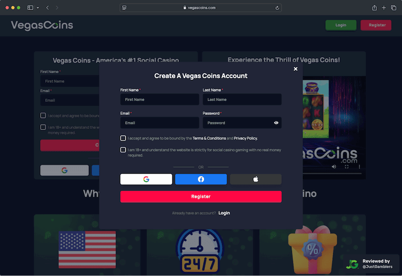 Desktop screenshot of the registration page at Vegas Coins.