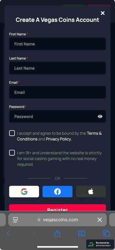 Mobile screenshot of the registration page at Vegas Coins.