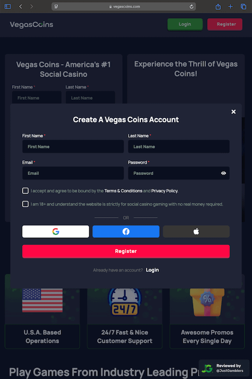 Tablet screenshot of the registration page at Vegas Coins.