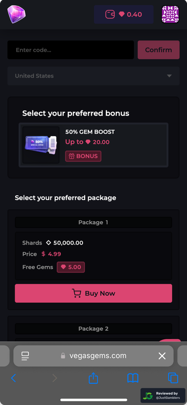 Mobile Screenshot of VegasGems Coin Purchase Page