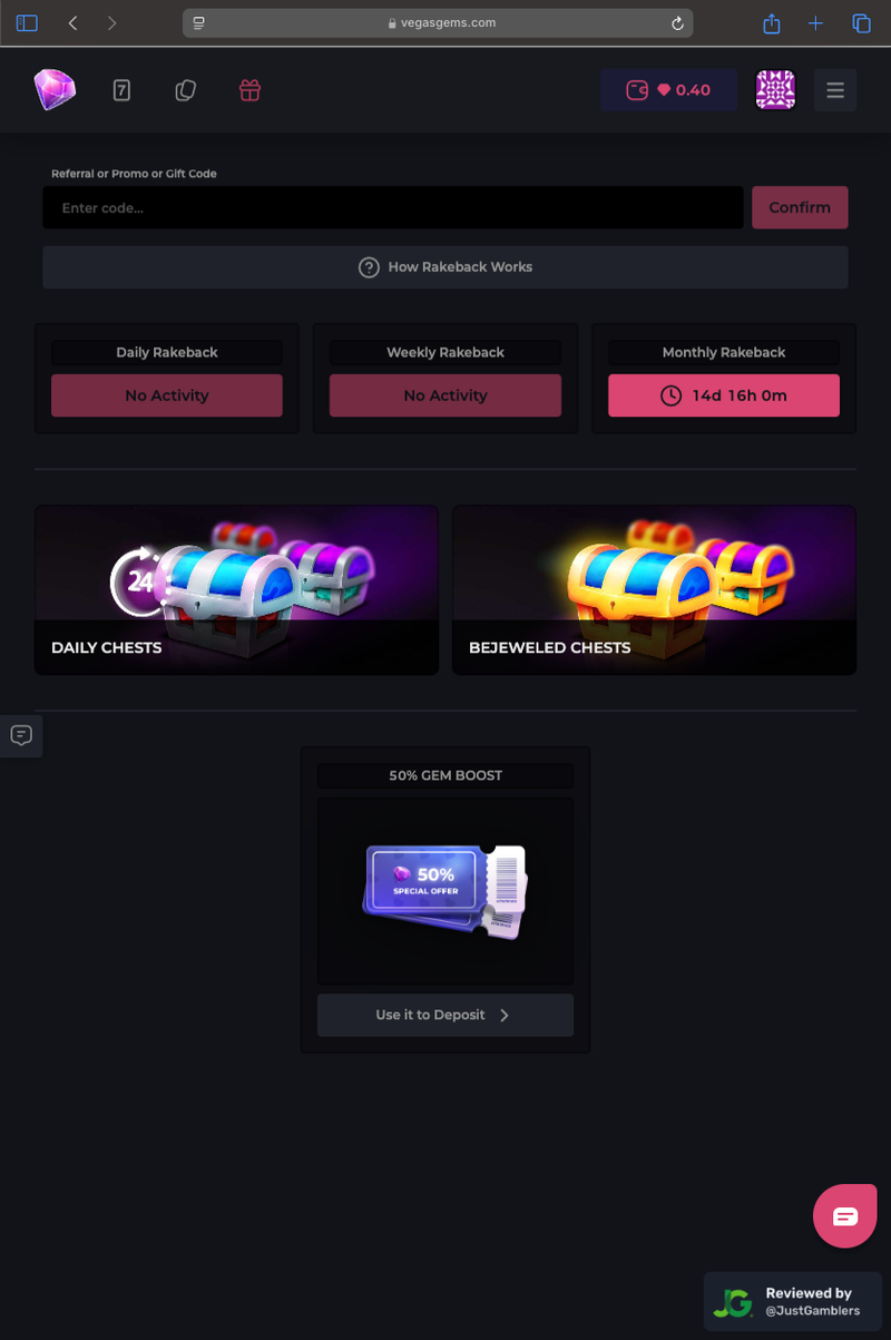 Tablet Screenshot of VegasGems Promo Page