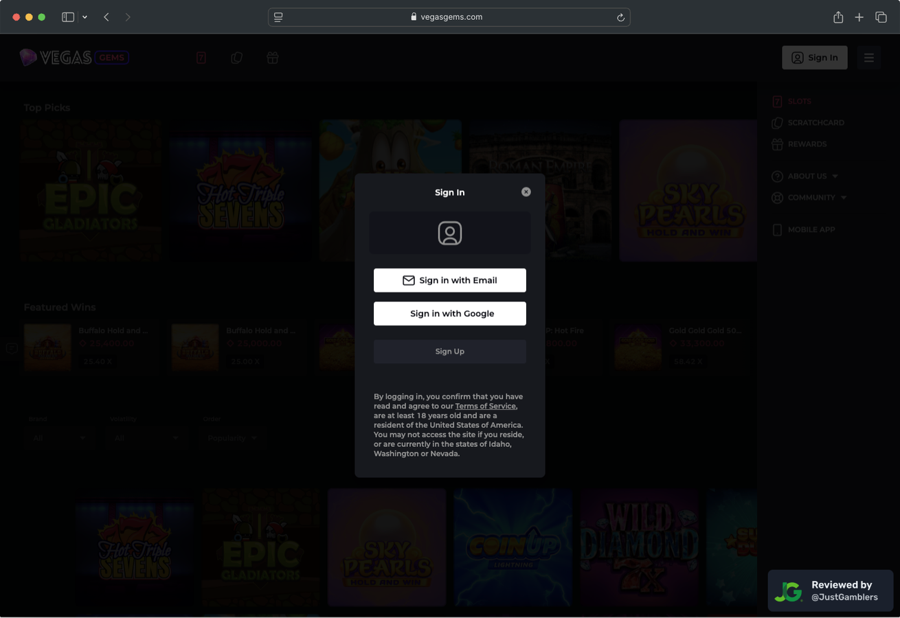 Desktop Screenshot of VegasGems Registration Page