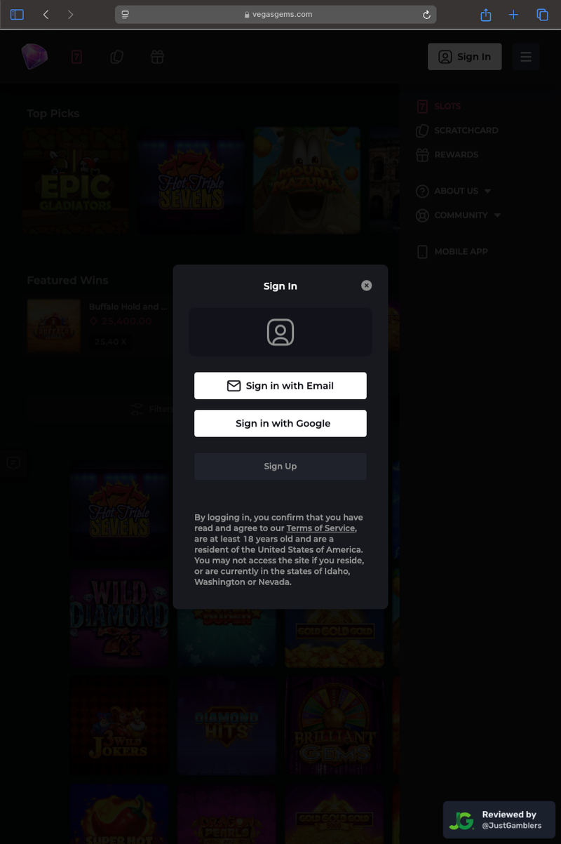 Tablet Screenshot of VegasGems Registration Page