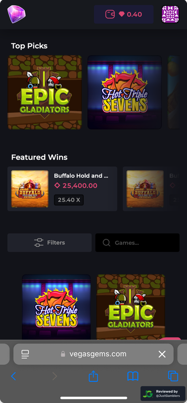 Mobile Screenshot of VegasGems Starting Page