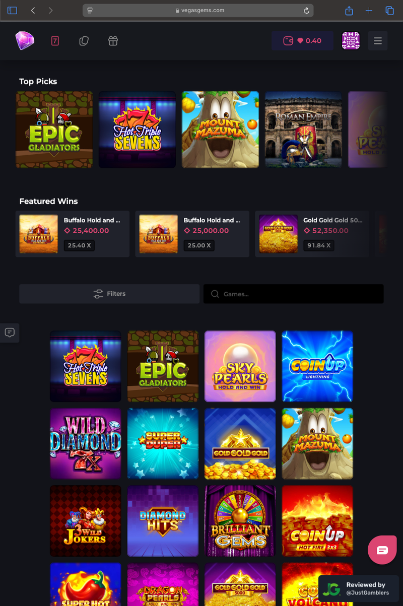 Tablet Screenshot of VegasGems Starting Page