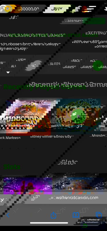 Mobile screenshot of the starting page at Wild World Casino.