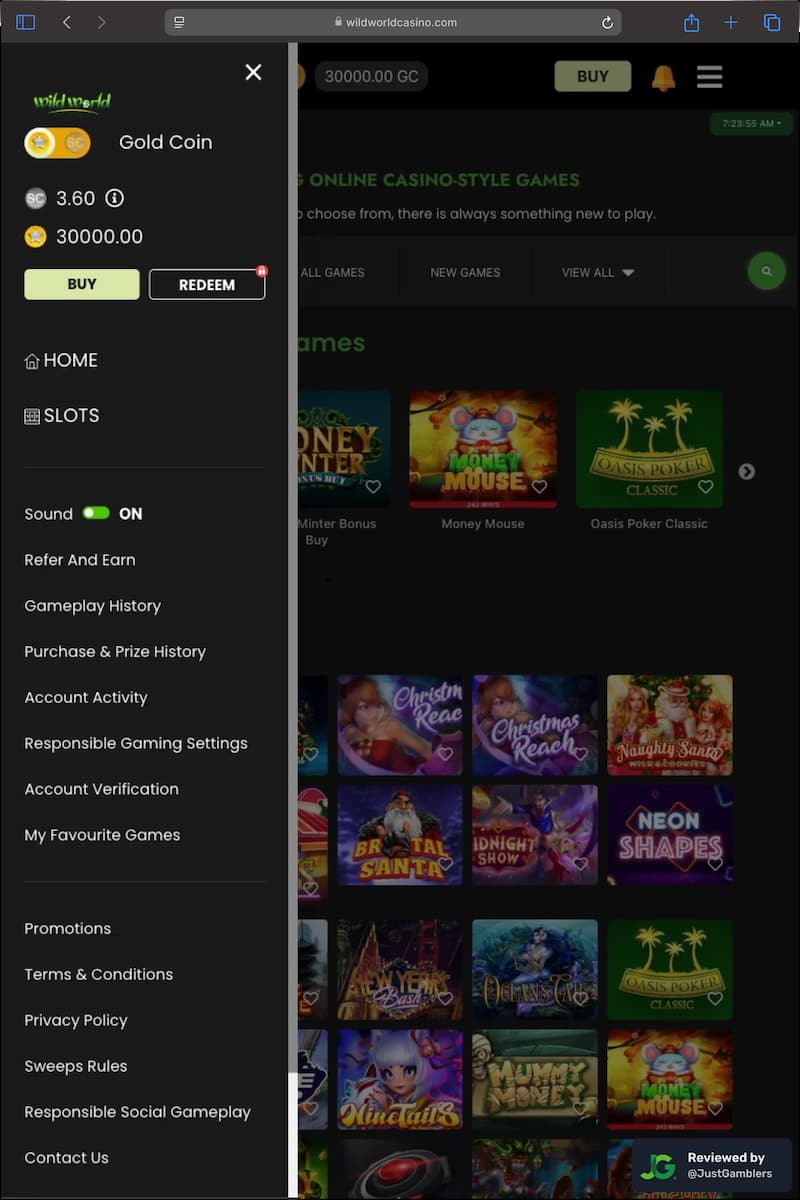Tablet screenshot of the starting page at Wild World Casino.