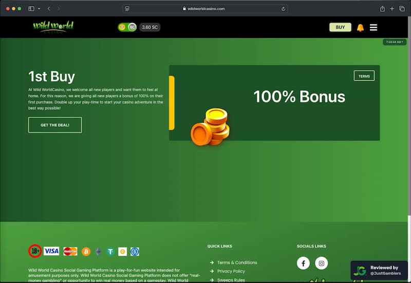 Desktop screenshot of the promo page at Wild World Casino.