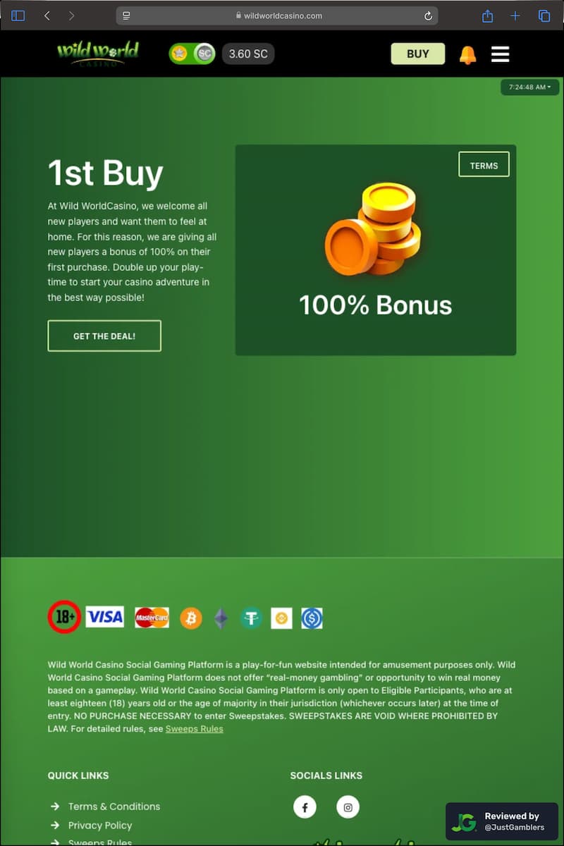 Tablet screenshot of the promo page at Wild World Casino.