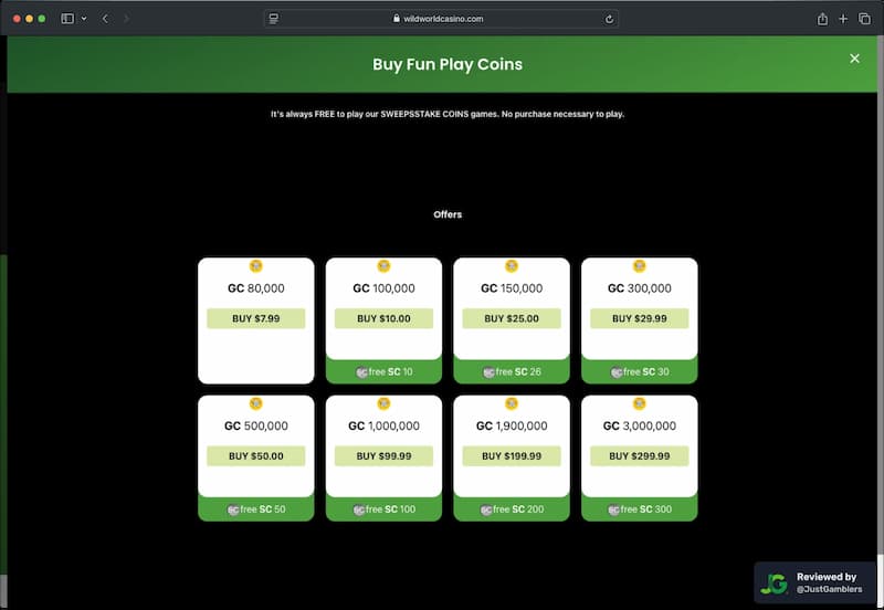 Desktop screenshot of the coin purchase process at Wild World Casino.