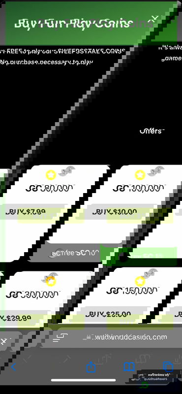 Mobile screenshot of the coin purchase process at Wild World Casino.