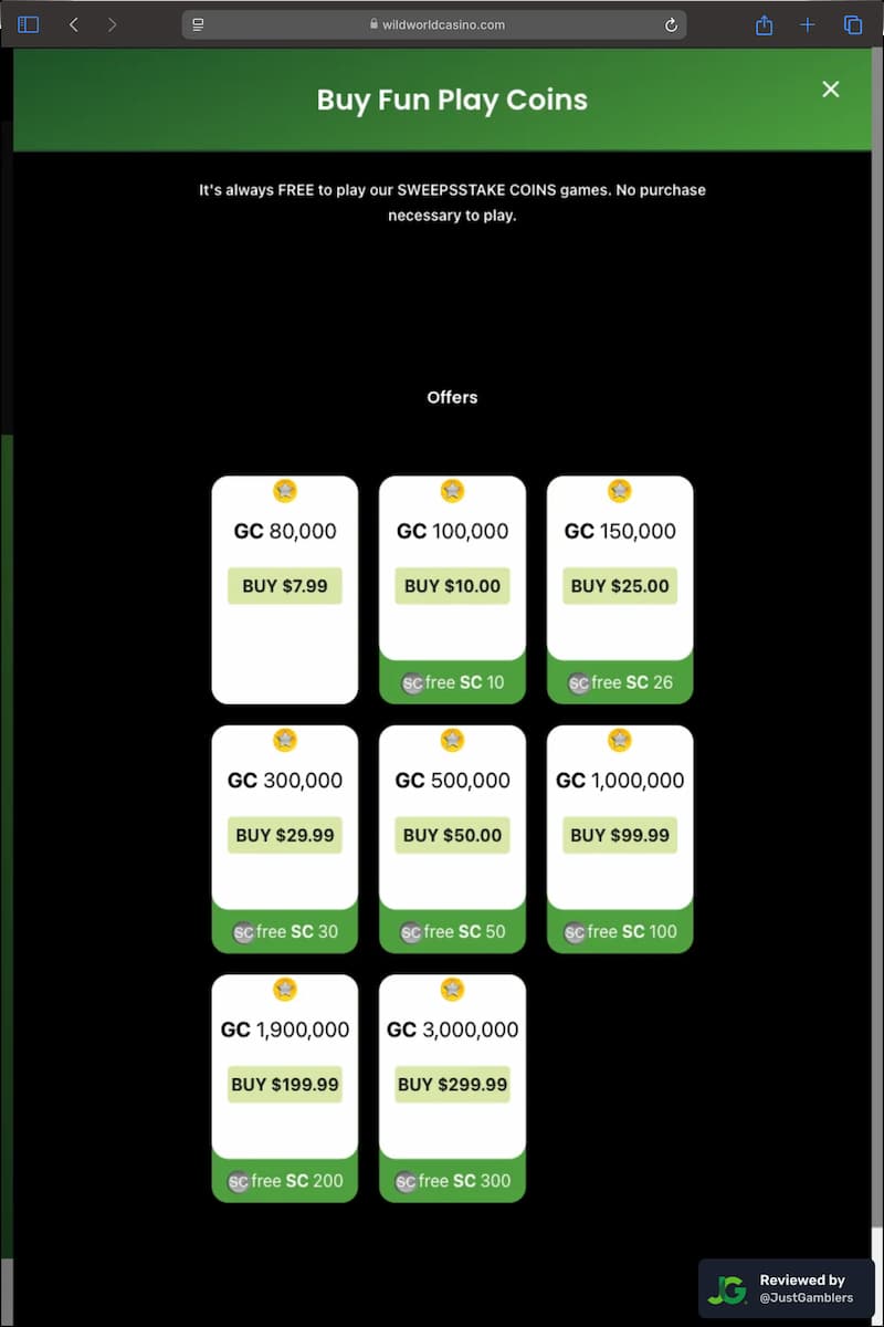 Tablet screenshot of the coin purchase process at Wild World Casino.