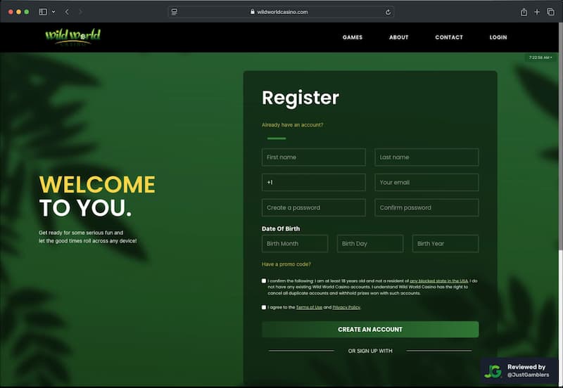 Desktop screenshot of the registration page at Wild World Casino.