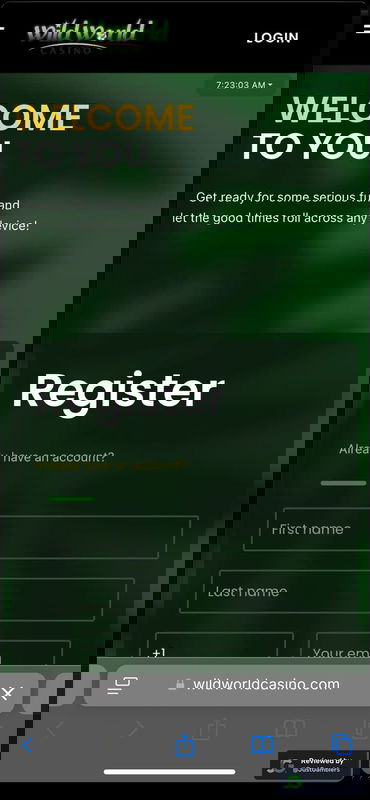 Mobile screenshot of the registration page at Wild World Casino.