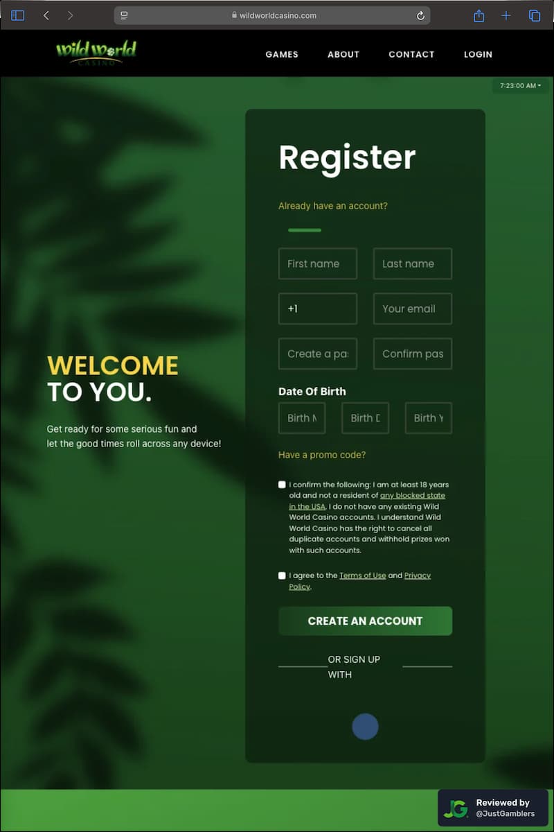 Tablet screenshot of the registration page at Wild World Casino.