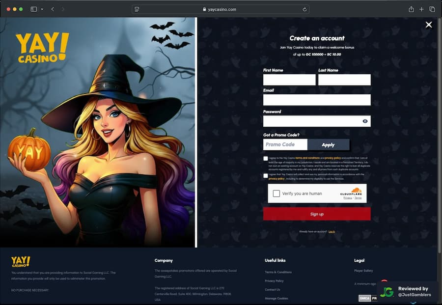 Desktop screenshot of the registration page at Yay Casino.