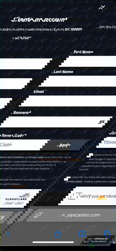 Mobile screenshot of the registration page at Yay Casino.