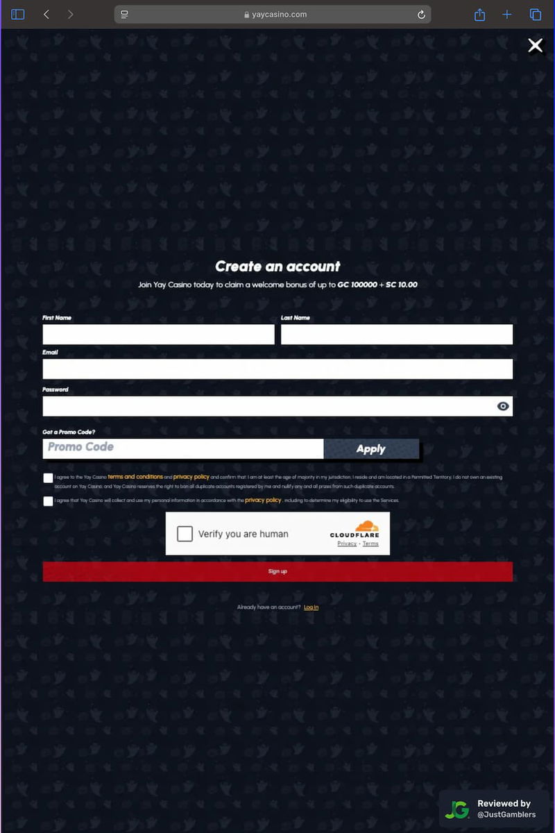 Tablet screenshot of the registration page at Yay Casino.