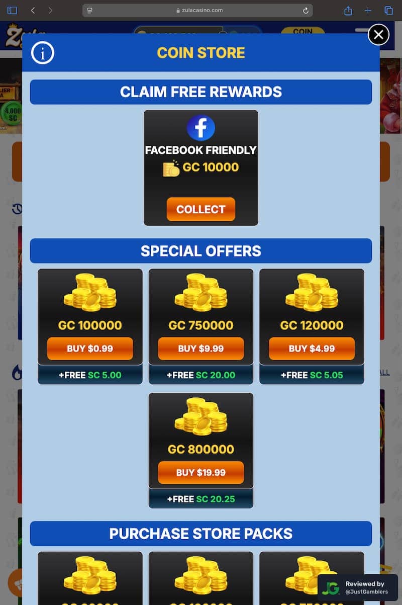 Tablet Screenshot of Zula Casino Coin Purchase Page