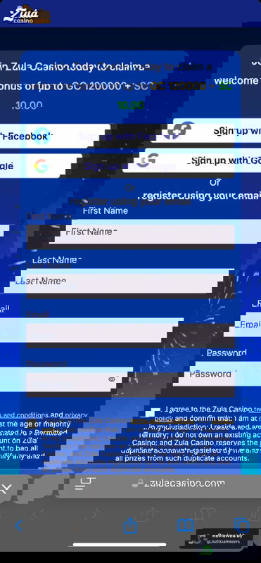 Mobile Screenshot of Zula Casino Registration Page