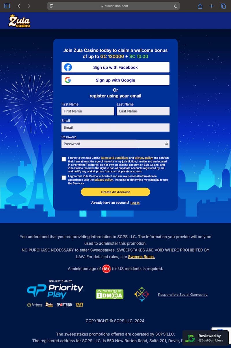Tablet Screenshot of Zula Casino Registration Page