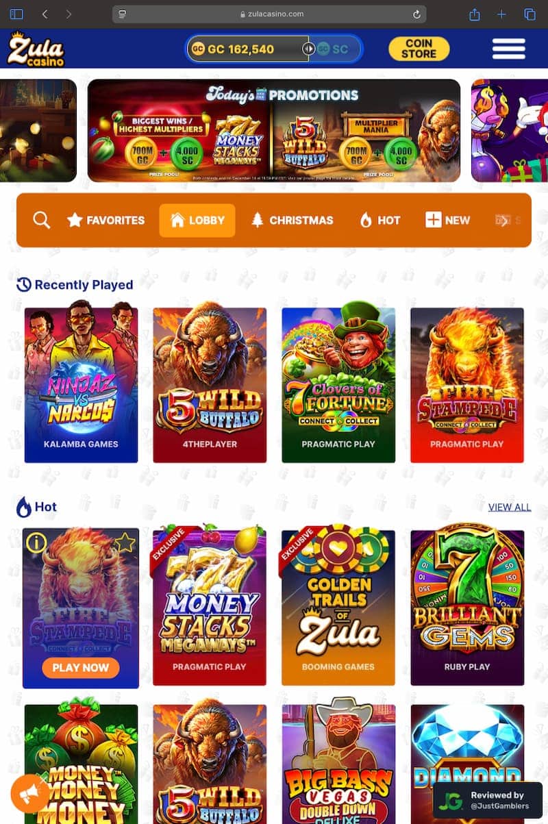 Tablet Screenshot of Zula Casino Starting Page