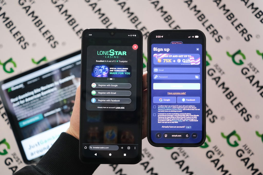 Photo of Sixty6 and LoneStar with respective registration pages loaded on the screen.