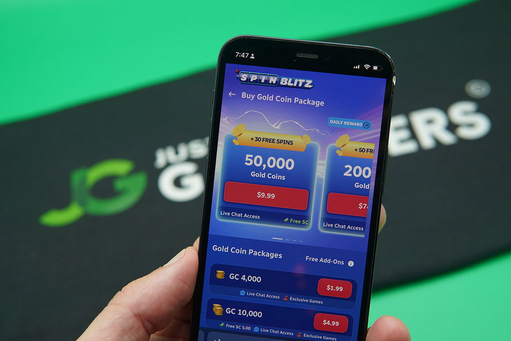 Patrik Lidin holding an iPhone showing offers for SpinBlitz coin packages.