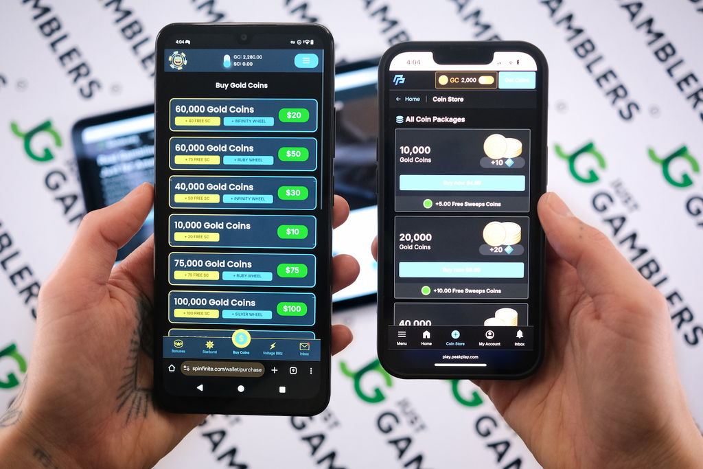 Photo of Spinfinite and PeakPlay with respective coin store loaded on the screen.
