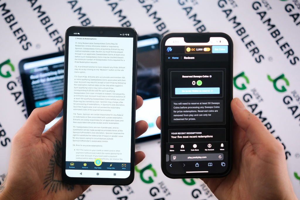 Photo of Spinfinite and PeakPlay with respective redemption page loaded on the screen.
