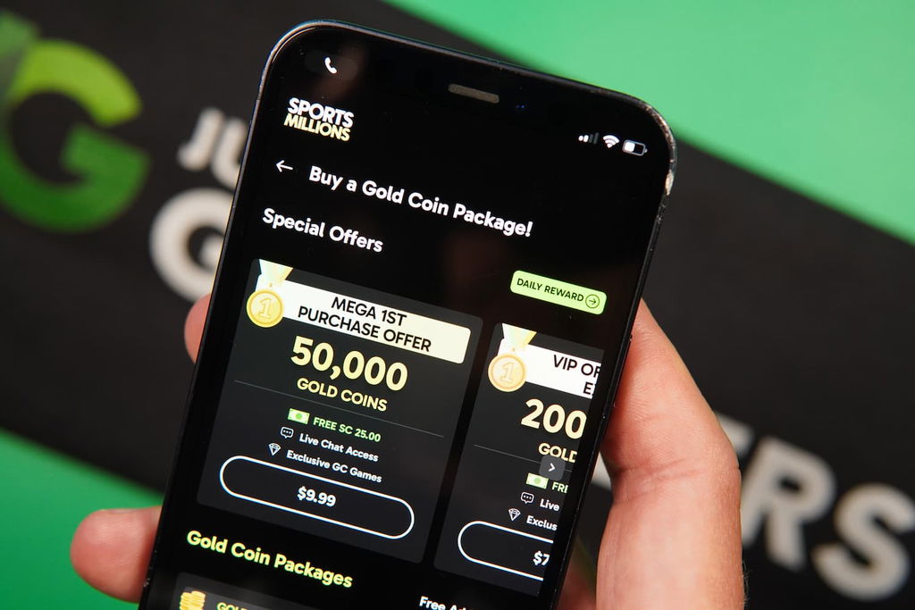 Patrik Lidin holding an iPhone with the Sports Millions sweepstakes casino purchases page loaded on the webpage.
