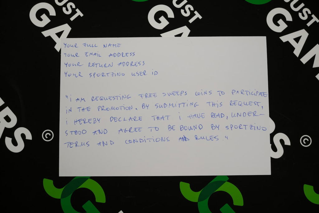Photo of what you need to complete the Sportzino mail-in request postcard.